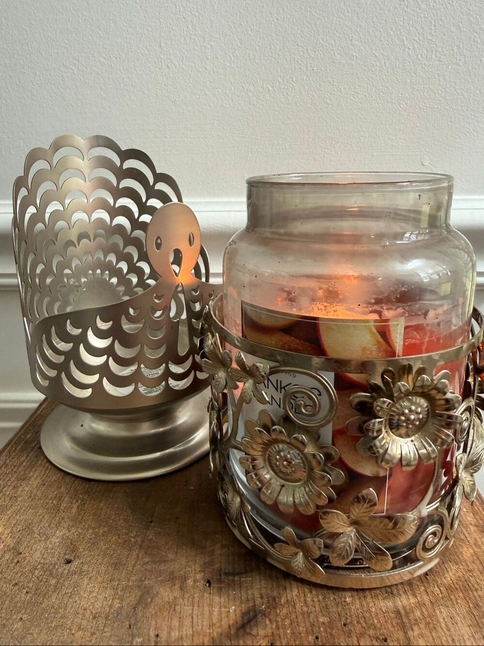 2 Bath and Body Works Champagne Gold Thanksgiving Turkey Flower Jar Candle Holde